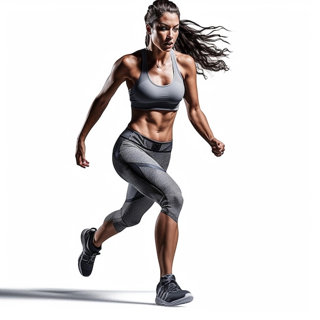 A woman is running with a white background and the word " fitness " on the bottom.