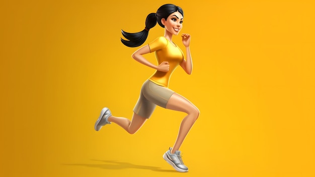 A woman is running in a yellow shirt and shorts