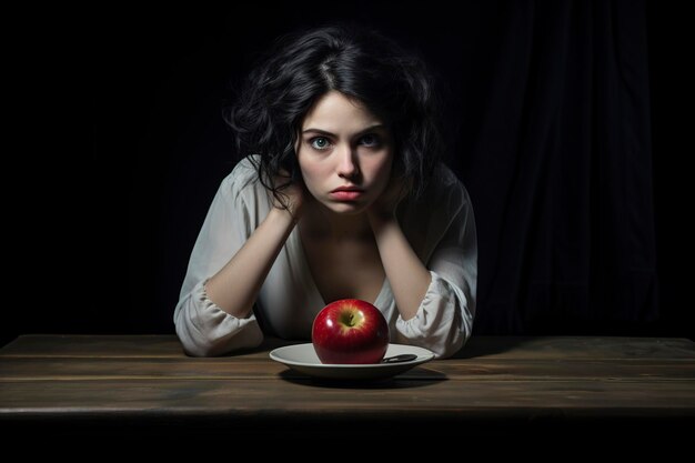 Photo woman is sad at the table with an apple