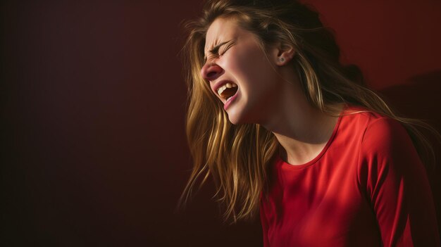 A woman is screaming in a red shirt