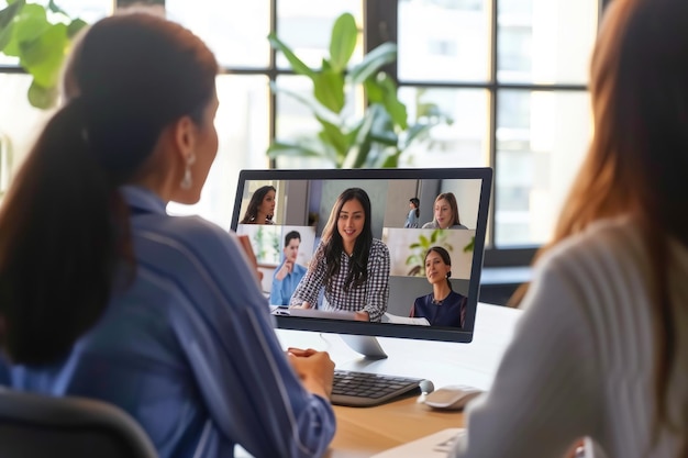 Женщина сидит за столом, сосредоточенная на экране компьютера. Международная деловая команда обсуждает глобальные тенденции через видеозвонок, созданный ИИ.