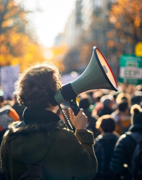 Женщину видят сзади, она говорит в мегафон во время протеста.