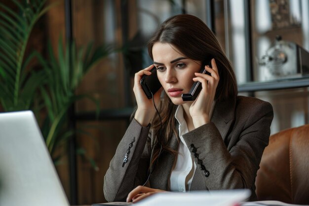 A woman is seen sitting at a desk engaged in a conversation while holding a cell phone Businesswoman making a serious phone call in her office AI Generated