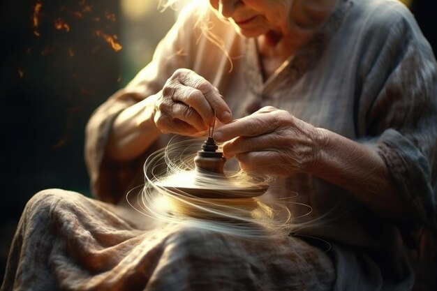 Foto si vede una donna che fa girare una ruota di filatura questa immagine può essere usata per raffigurare l'artigianato tradizionale o come simbolo di produttività e duro lavoro