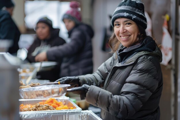 A woman is serving food to others at a buffet