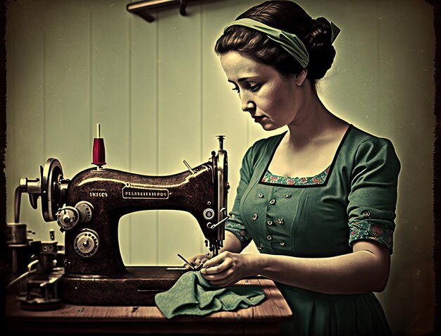 한 여성이 바느질 기계에서 바느질을 하고 있습니다.