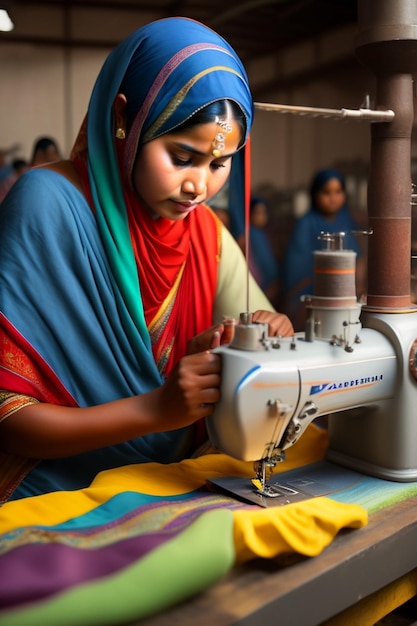 A woman is sewing a sewing machine with the word " on it.