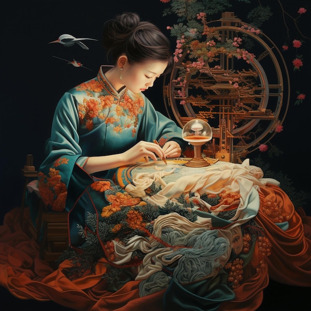 a woman is sewing with a woman in a kimono.