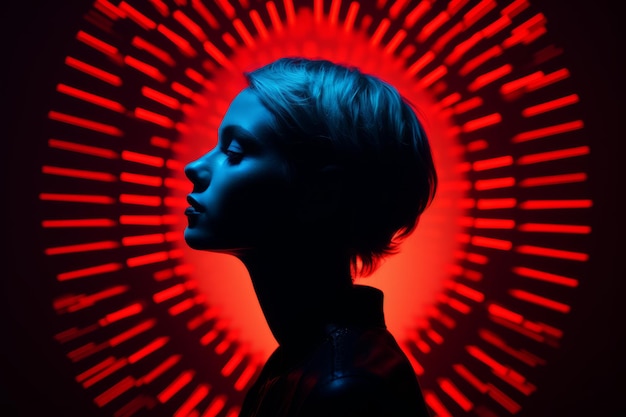 a woman is silhouetted in front of a red light