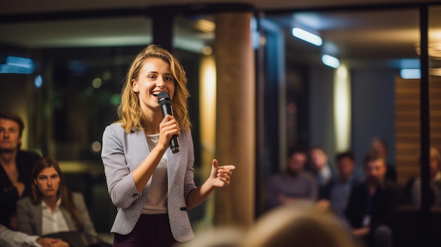 Photo a woman is singing into a microphone with a crowd behind her.