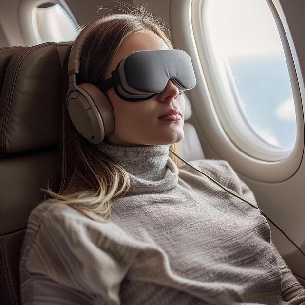 Женщина сидит в самолете в сонной маске и наушниках.