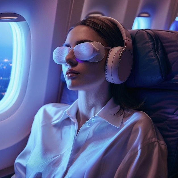 Женщина сидит в самолете в сонной маске и наушниках.