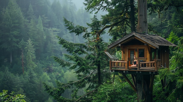 A woman is sitting on the balcony of a treehouse in the middle of a forest