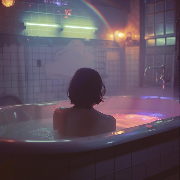 a woman is sitting in a bathtub with the word  on it