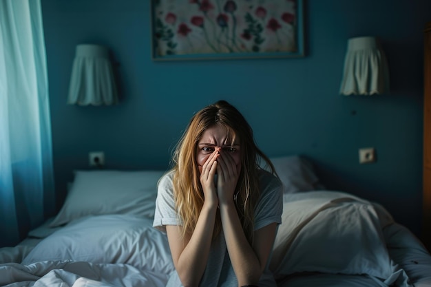 a woman is sitting on a bed with her hands on her face