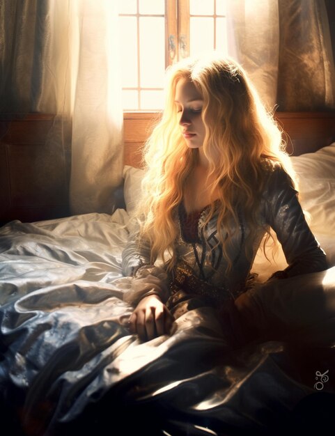 A woman is sitting in bed with the sun shining on her face.