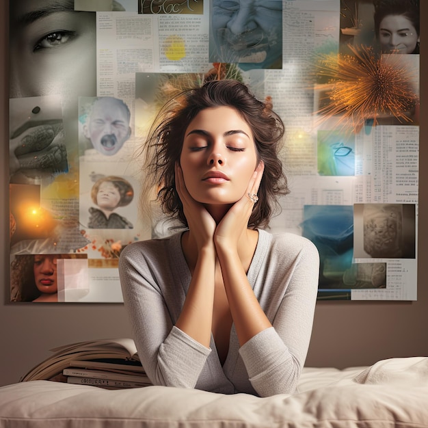 a woman is sitting in bed with the words " the word " on the wall.