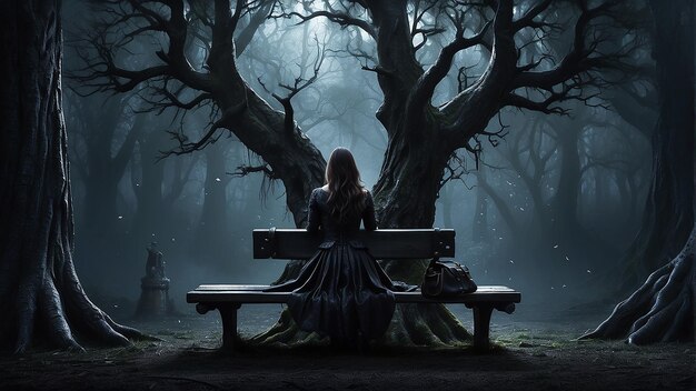 A woman is sitting on a bench in a dark forest with a deer