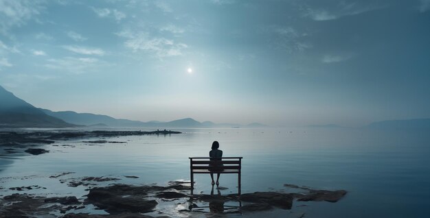 Foto una donna è seduta su una panchina guardando lo sfondo hd dell'acqua