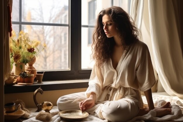 a woman is sitting on a blanket and looking out the window with a bowl