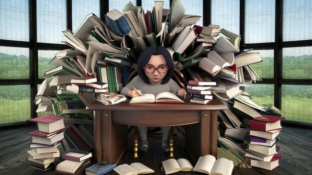 a woman is sitting in a book with many books on the table