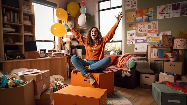 Foto una donna è seduta su una scatola con dei palloncini sullo sfondo.