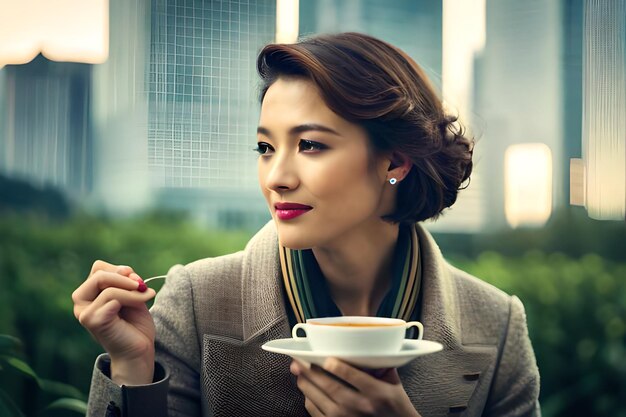 A woman is sitting in a cafe and drinking coffee