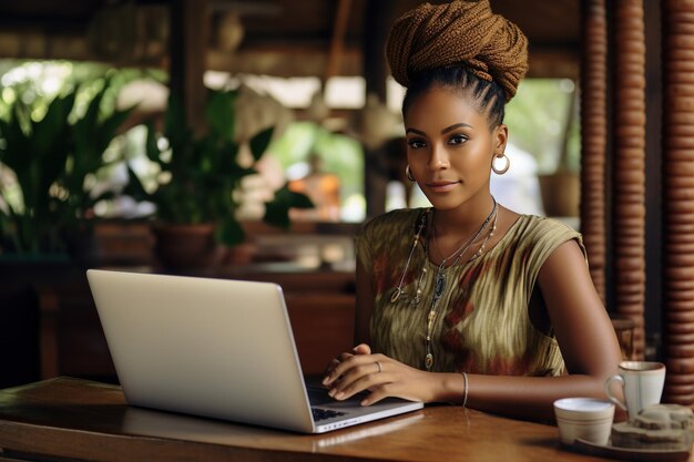 A woman is sitting in a cafe with a laptop