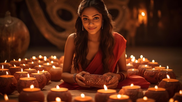 A woman is sitting in the center of a circular arrangement of illuminated candles