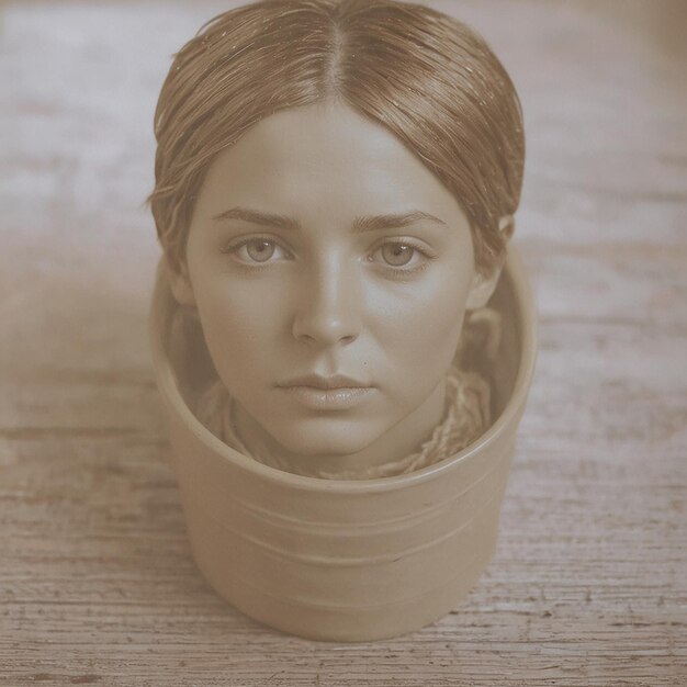 Foto una donna è seduta in una tazza di ceramica che dice che indossa una treccia