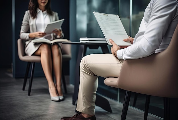 Photo a woman is sitting in a chair holding a clipboard and a man at the same table