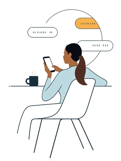 a woman is sitting in a chair with a phone in her hand