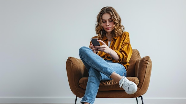 Woman is sitting comfortably in a chair smiling and looking at her smartphone