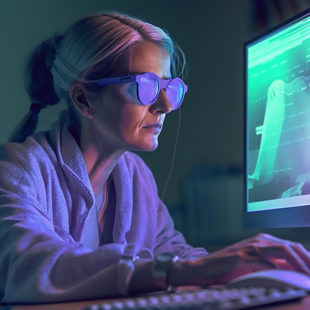 Photo a woman is sitting at a computer with a monitor showing a computer screen