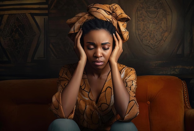 a woman is sitting on the couch holding her hair with a hand in the style of emotional sensitivity