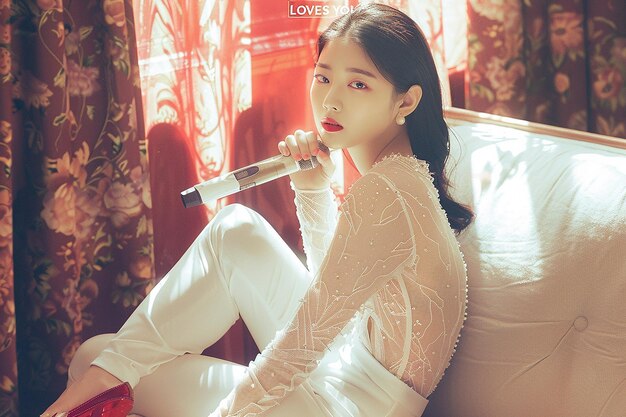 Photo a woman is sitting on a couch and holding a microphone in her hand