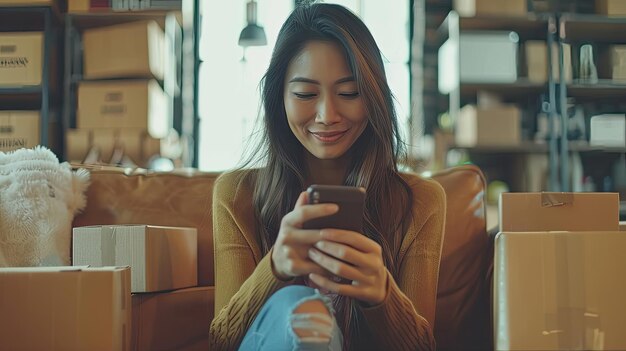 A woman is sitting on a couch and looking at her cell phone