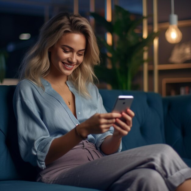 a woman is sitting on a couch and looking at her phone