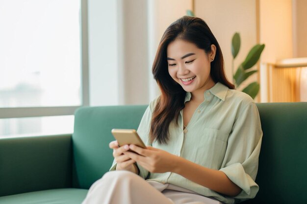 a woman is sitting on a couch and using a phone