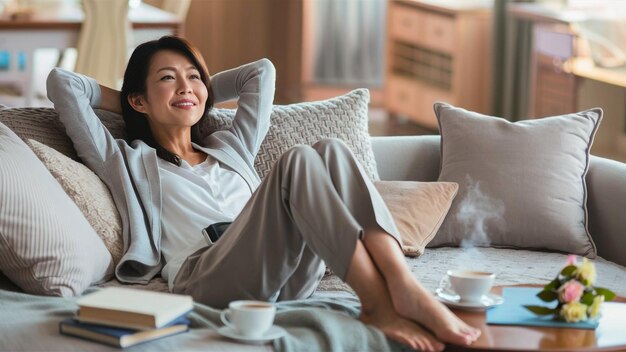 Photo a woman is sitting on a couch with coffee cups and a book