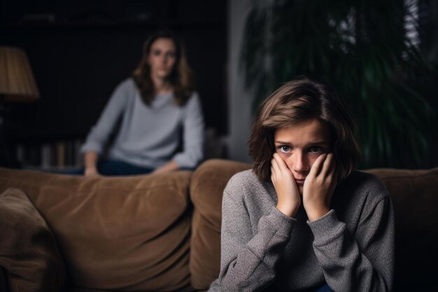 Photo a woman is sitting on a couch with her hands covering her face