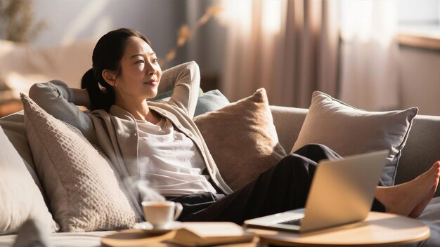 Photo a woman is sitting on a couch with a laptop and a coffee cup