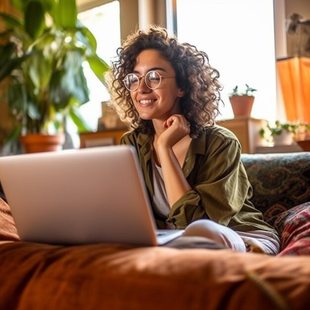 a woman is sitting on a couch with a laptop and the word quot on it quot