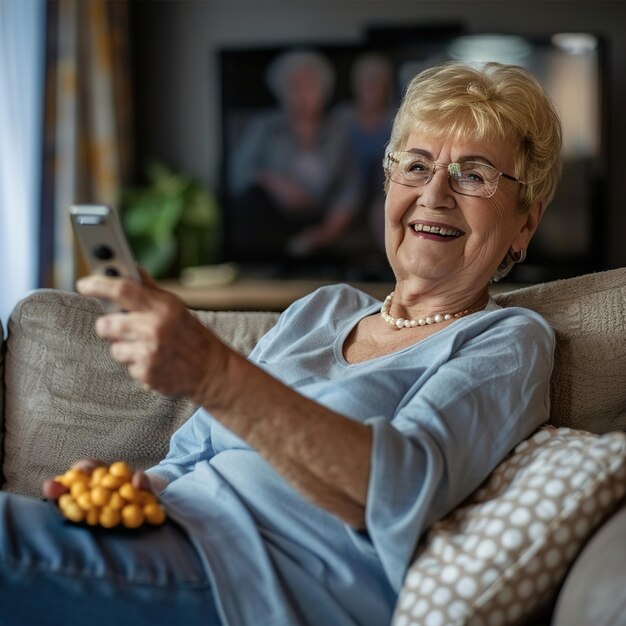 Photo a woman is sitting on a couch with a remote control in her hand