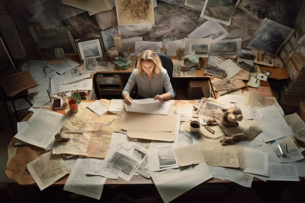 A woman is sitting at a desk full of papers and other documents in the style of design by architects Generative AI image AIG30