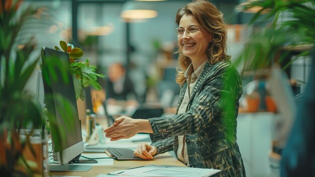 a woman is sitting at a desk with a laptop and a flower in her hand