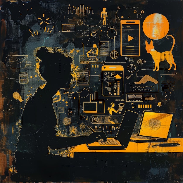 woman is sitting at a desk with laptop image collage of various objects and symbols