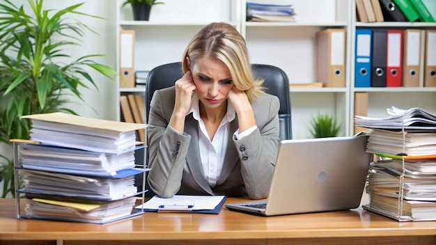a woman is sitting at a desk with a laptop and a stack of papers in front of her