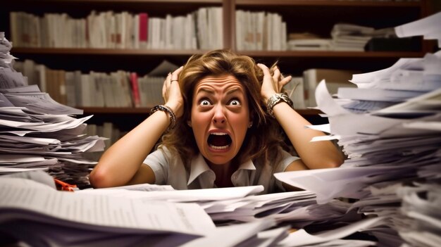 A woman is sitting at a desk with papers on it and her head is screaming