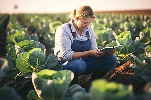 Photo a woman is sitting in a field of cabbage